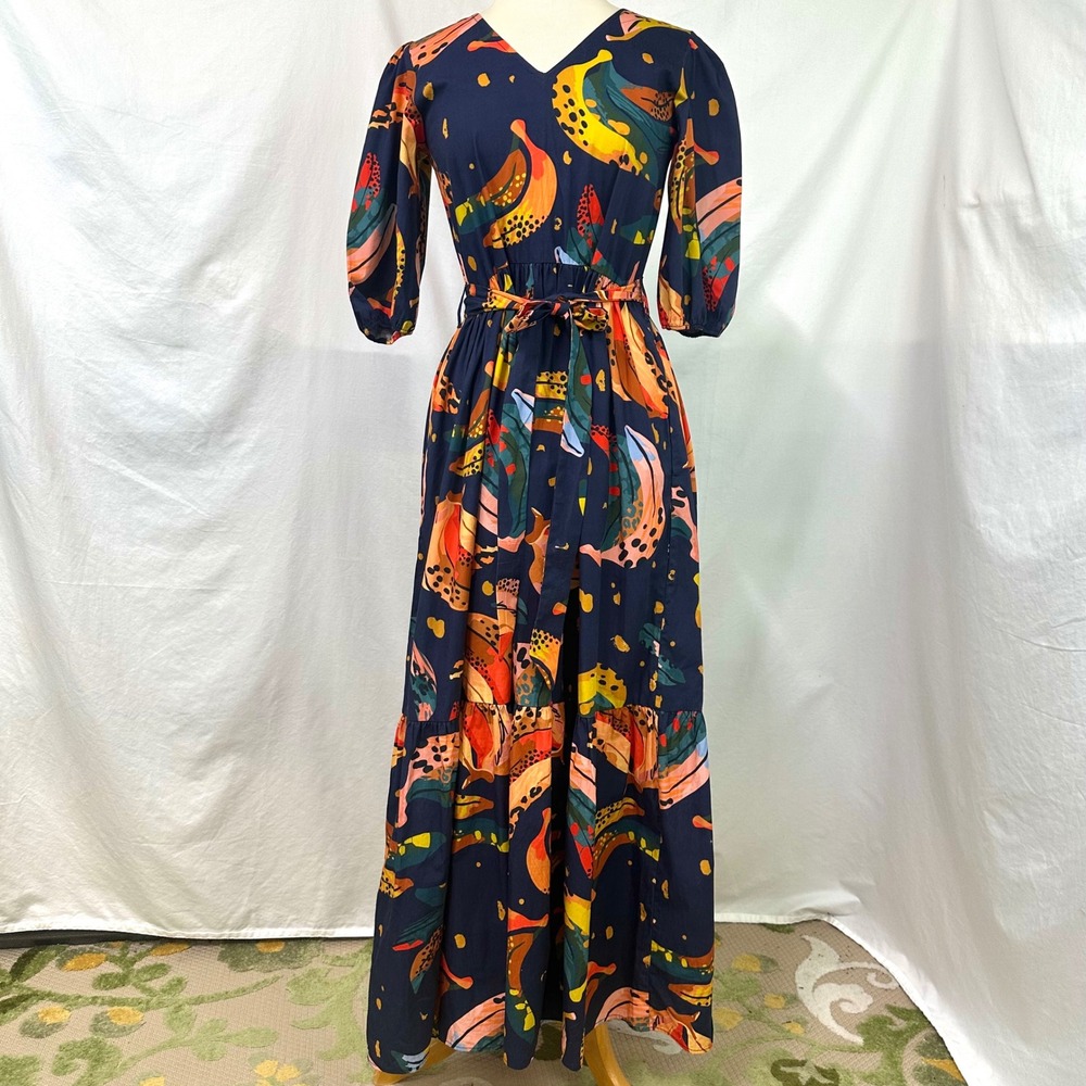 MAUDE VIVANTE ANTHROPOLOGIE Navy Banana Print Molly Dress Tiered Maxi XS Artsy